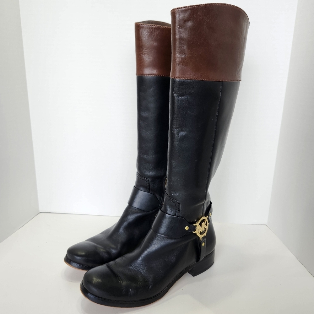 Michael Kors Women's Size 8.5 Black Brown Riding Leather Boots Logo